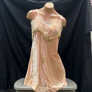 Elegant Lace and Sheer Nude  Chemise with light floral overlay and gold trim